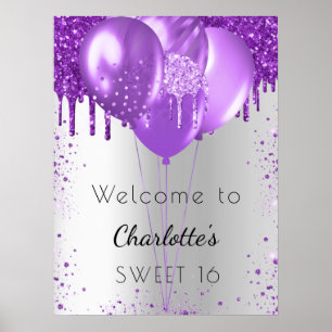 Póster Globos de bienvenida dulces 16 purpurinas morados