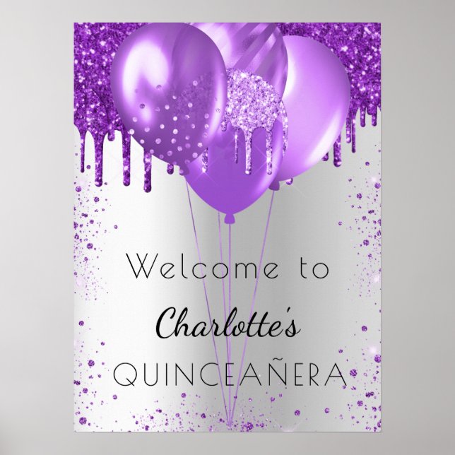 Póster Globos de bienvenida Quinceanera purpurina morado  (Frente)