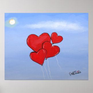 Póster Globos de corazón rojo El amor está en el aire art
