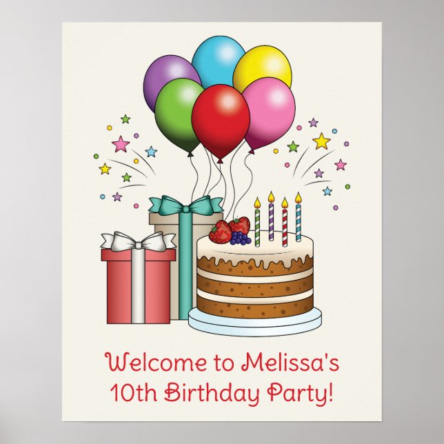 Póster Globos de cumpleaños coloridos con pasteles y rega (Frente)