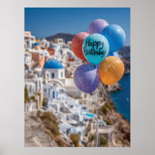 Póster Globos de cumpleaños felices en Santorini, Grecia