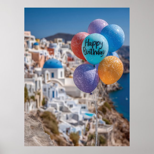 Póster Globos de cumpleaños felices en Santorini, Grecia (Frente)