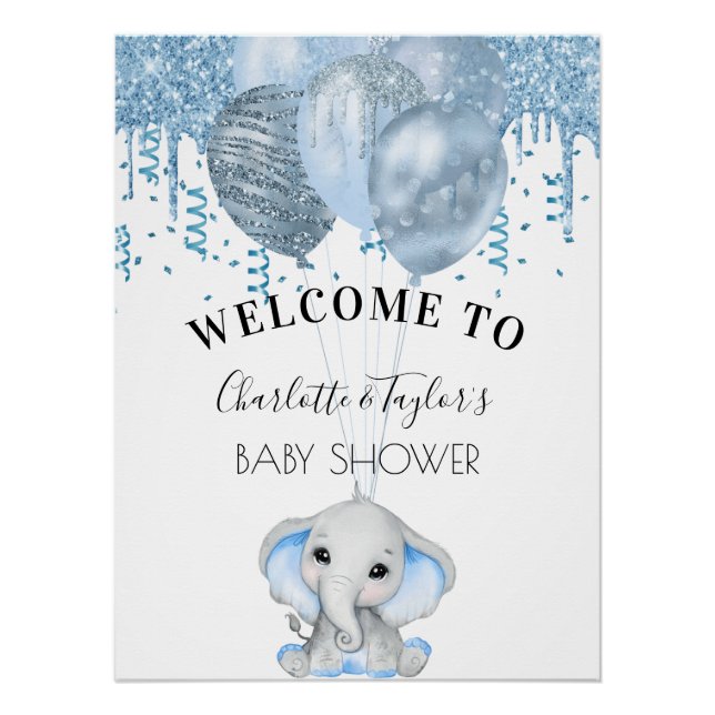 Póster Globos de elefante azul claro de Baby Shower (Anverso)