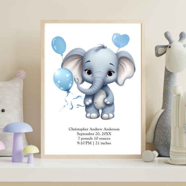 Póster Globos de Elefante Azul para la Guardería de Estad (Blue Elephant with Balloons Baby Boy Nursery Wall Art Birth Stats Print)