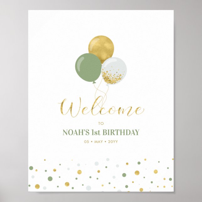 Póster Globos de oro y salvia Niño Cumpleaños 1 Bienvenid (Frente)