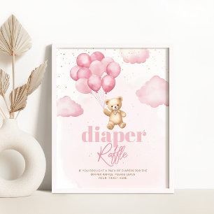 Póster Globos de osito de peluche rosa Sorteo de pañales