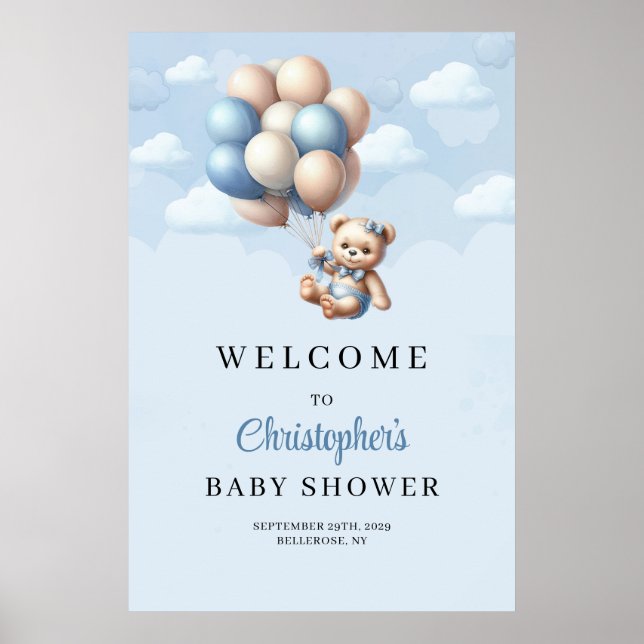 Póster Globos de oso bebé lindo Boy Baby Shower Bienvenid (Frente)