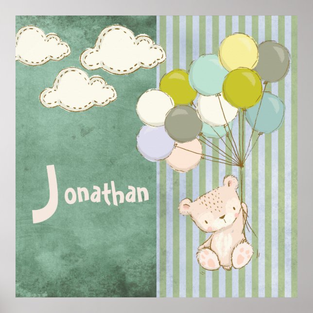 Póster Globos de oso blanco pequeño niño rústico (Frente)