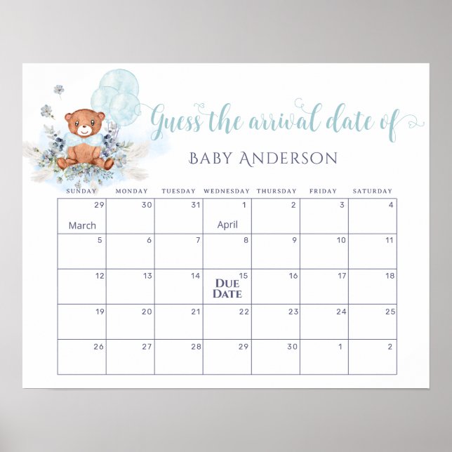 Póster Globos de Oso Teddy Adivina el calendario de fecha (Frente)