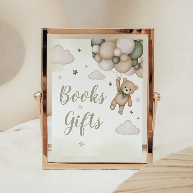 Póster Globos de Oso Verde Baby Shower Libros y regalos (Boho Bear Baby Shower Books and Gifts Sign)