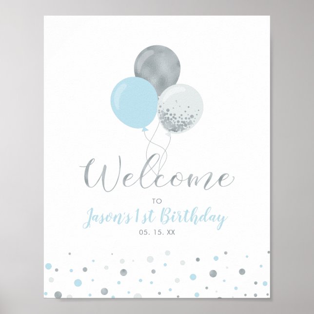 Póster Globos de plata y azul | Bienvenida al niño del pr (Frente)