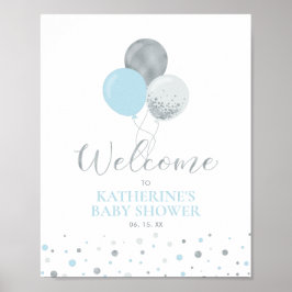Póster Globos de plata y azul | Boy Baby Shower Welcome