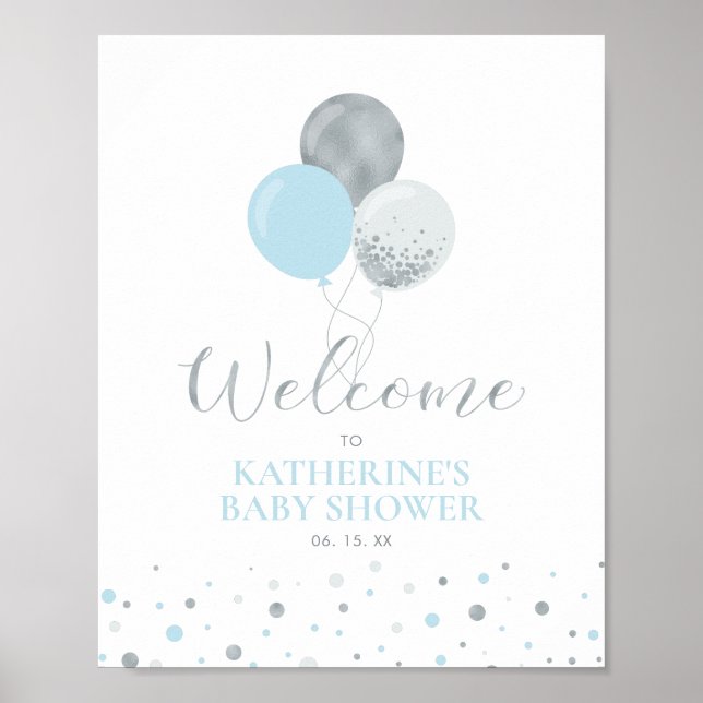 Póster Globos de plata y azul | Boy Baby Shower Welcome (Frente)