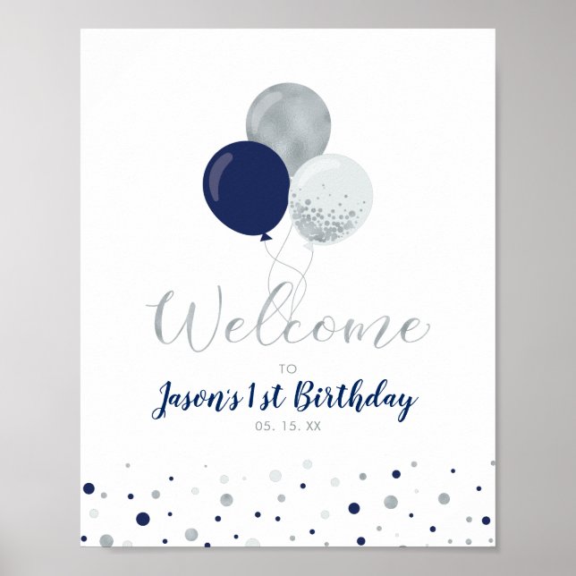 Póster Globos de plata y marina | Bienvenida al niño del  (Frente)