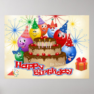Póster Globos divertidos y felices de cumpleaños y pastel