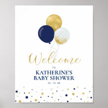 Globos dorados y navy | Bienvenida al baby shower