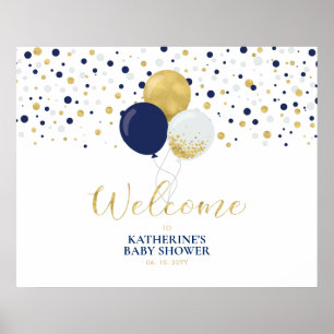 Póster Globos dorados y navy Modernas Bienvenida a Baby S