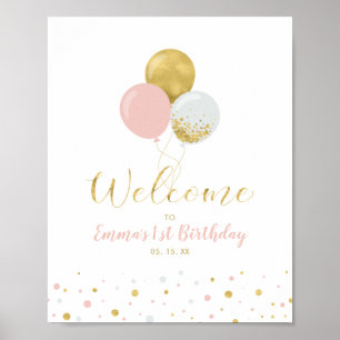 Póster Globos dorados y rosados   Bienvenida al 1er cumpl