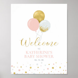 Póster Globos dorados y rosados Bienvenida para baby sh