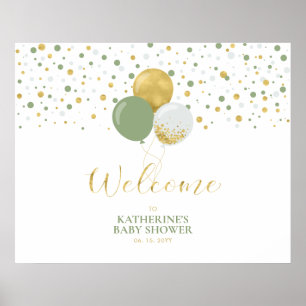Póster Globos dorados y verde salvia   Bienvenida de baby