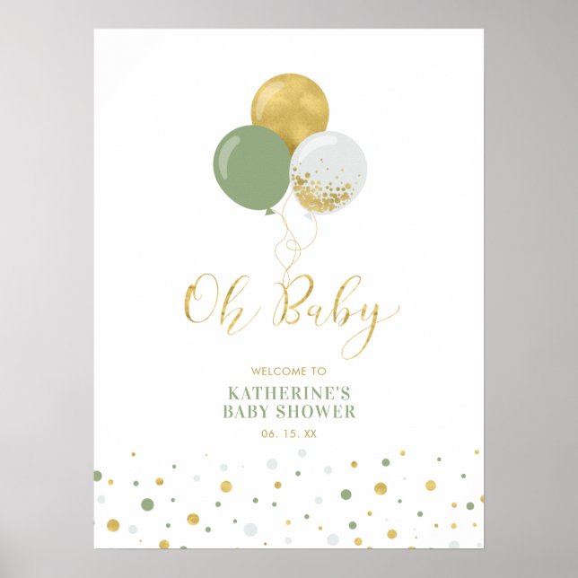 Póster Globos dorados y verdes | Boy Baby Shower Welcome (Frente)