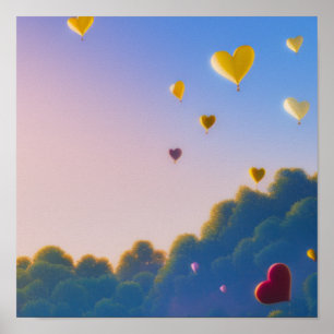 Póster Globos flotantes del corazón en el Poster del ciel