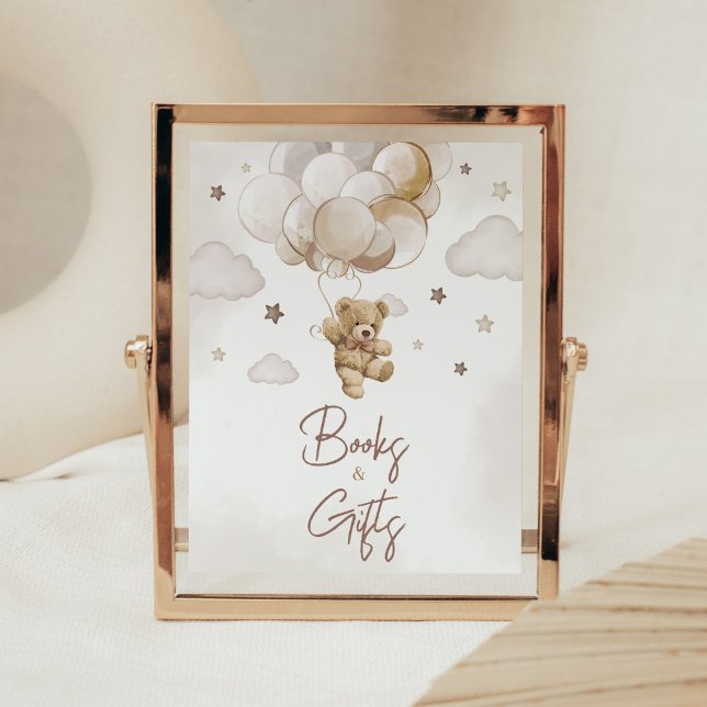 Póster Globos pardos con libros de Baby Shower y regalos (Gender Neutral Bear Balloon Baby Shower Books and Gifts Sign)
