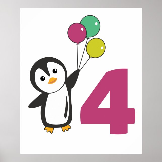 Póster Globos Penguin Cuarto Cumpleaños Para Niños Poster (Frente)