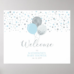 Póster Globos plateados y azul claro   Bienvenida de baby