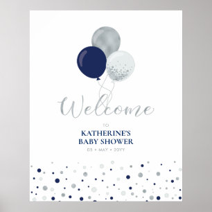 Póster Globos plateados y azul marino   Bienvenida de bab