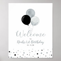 Globos plateados y negros Niño Cumpleaños 1 Bienve