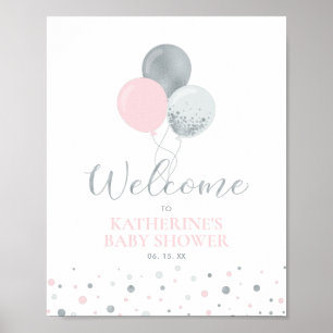Póster Globos plateados y rosados Bienvenida para baby