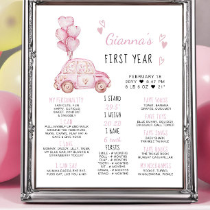 Póster Globos rosados y coche cumpleaños 1er hito