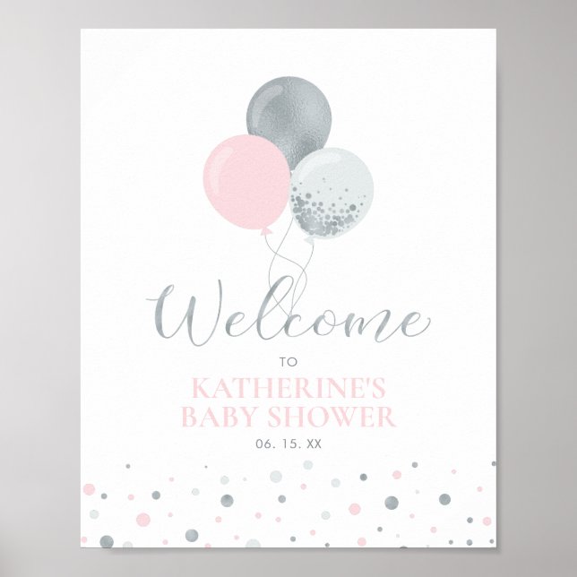 Póster Globos rosados y plateados | Bienvenida de Baby Sh (Frente)