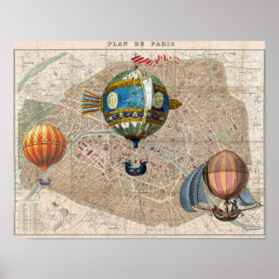 Póster Globos sobre el mapa de Francia de la época de Par