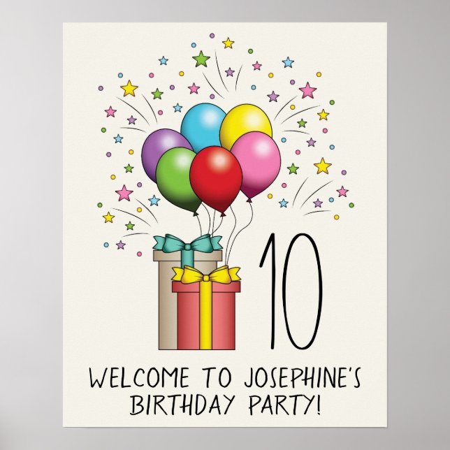 Póster Globos y regalos de cumpleaños con edad y texto (Frente)