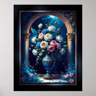 Póster Glorioso Bouquet Floral Bajo Un Cielo De Luna