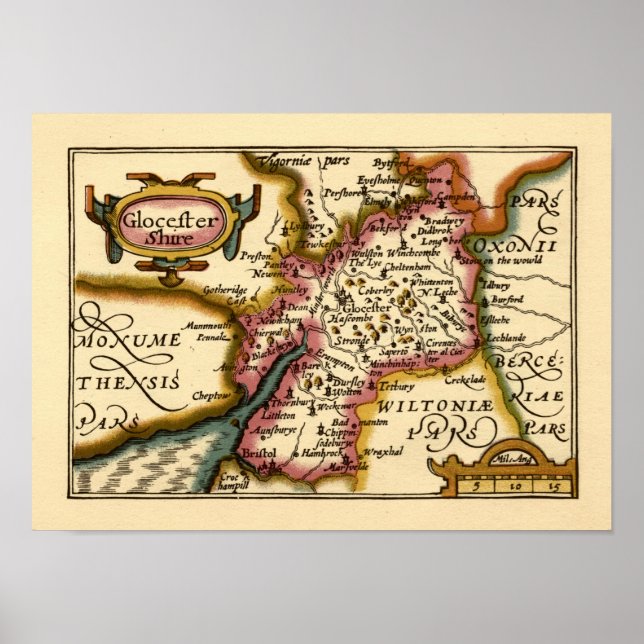 Póster Gloucestershire County England Mapa anticuario ant (Frente)