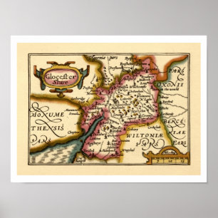 Póster Gloucestershire County England Mapa anticuario ant