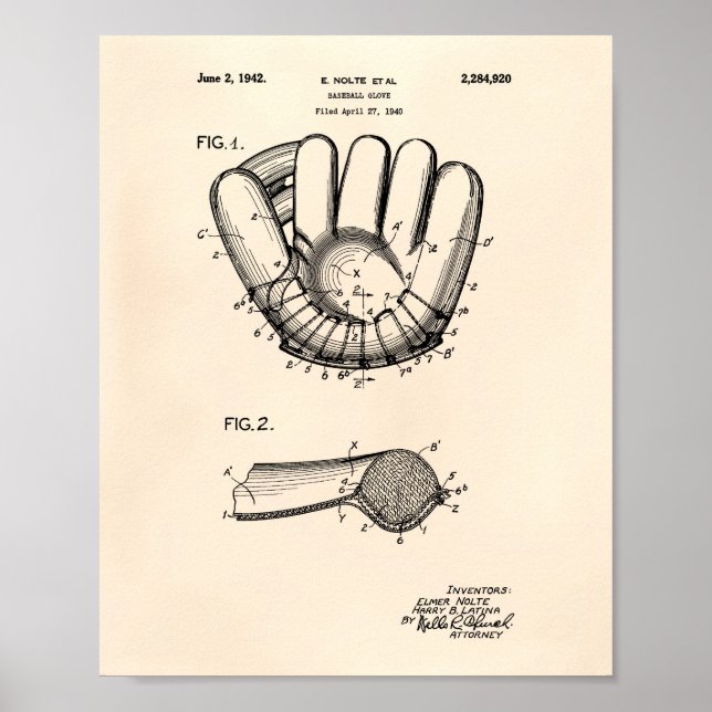 Póster Glove De Béisbol 1942 Patent Art Old Peper (Frente)