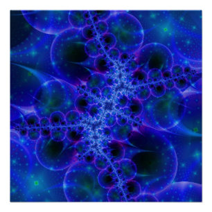 Póster Glow Stars   Arte fractal azul y blanco