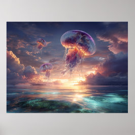 Póster Glowing Jellyfish in Sunset Skies