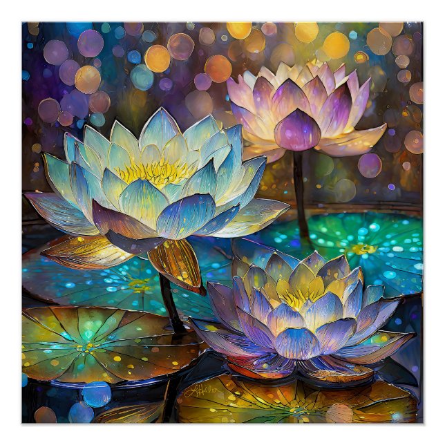 Póster Glowing Lotus Flowers Trio (Anverso)