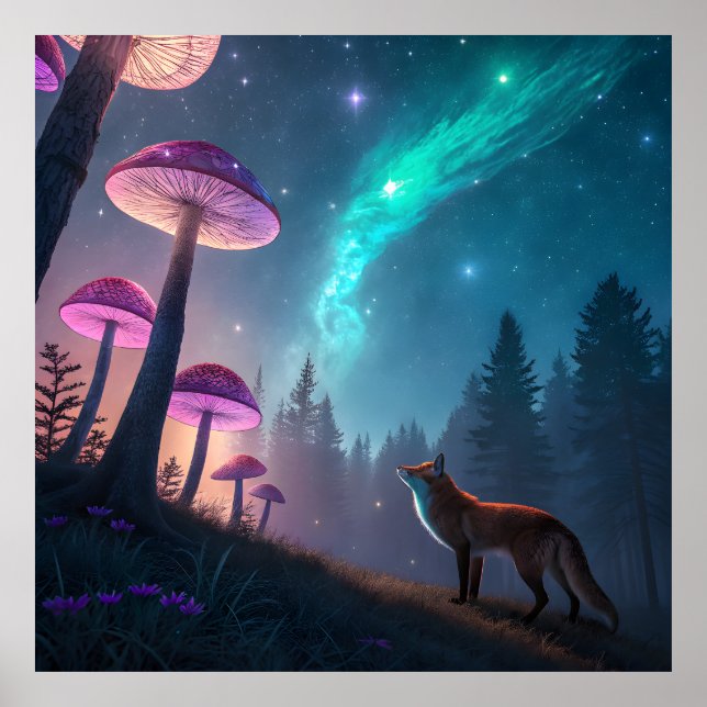 Póster Glowing Mushroom Forest Fox Fantasy Art (Frente)