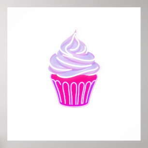 Póster Glowing Neon Style Cupcake Illustration