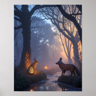 Póster Glowing Twilight Forest with Wooden Animals