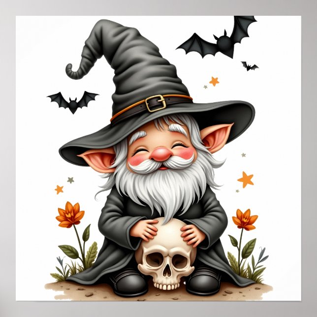 Póster Gnome de Halloween con cráneo (Frente)
