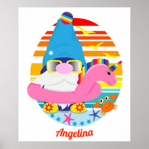 Póster Gnome De Playa Con Unicornio Inflable