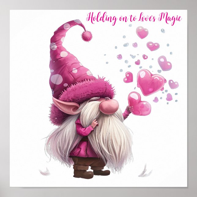 Póster Gnome de San Valentín con globos de corazón rosado (Frente)