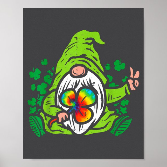 Póster Gnome Tie Dye Shamrock Clover St Patricks Day Hipe (Frente)
